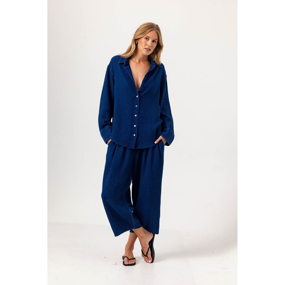 Sundays by We Are Sundays Blue Cotton Gauze Shirt and Pants Lounge Set Large